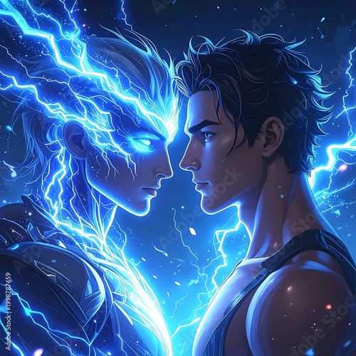 Electric fantasy portrait of man and woman.