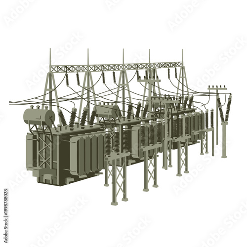 Electrical substation with transformers and power lines, industrial energy infrastructure