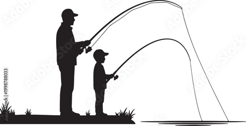 Fishing father and son standing on river bank