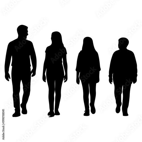 Silhouettes of four people walking together.