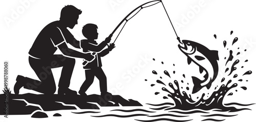 Fishing father helping son catch a jumping fish by the wate