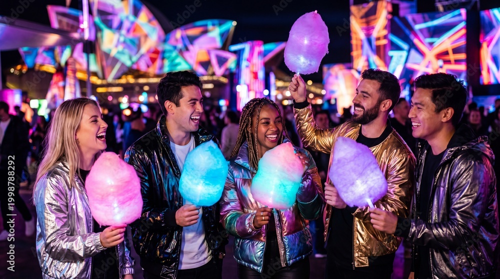 Fototapeta premium Friends enjoying glowing cotton candy at Vivid Sydney neon light festival