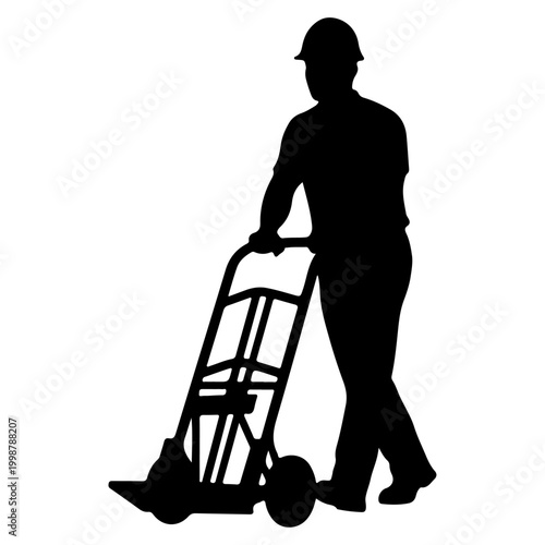 Silhouette of a worker pushing a hand truck.