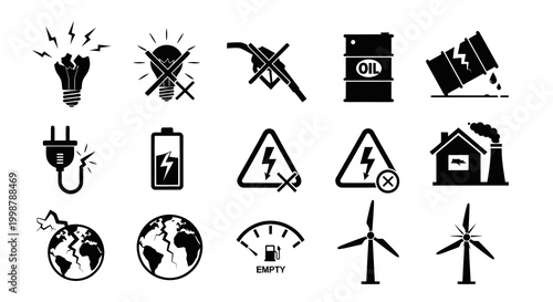 Energy Crisis and Power Shortage Glyph Icon Set