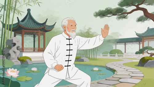 Obraz na płótnie Elderly man practicing tai chi in garden