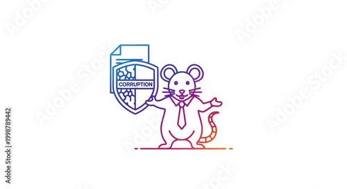 Cartoon mouse in suit holding shield with corruption text, data protection concept