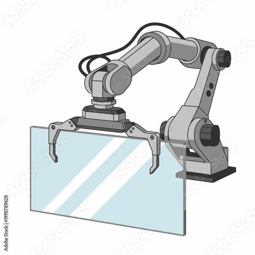 Industrial robotic arm holding a clear glass panel with gripper clamps