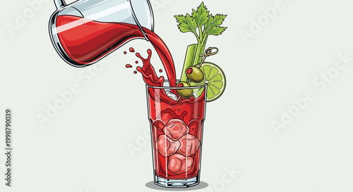 Bloody Mary cocktail being poured into a glass with ice, lime, olives, and celery garnish.