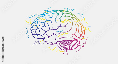Brain activity, colorful illustration of human brain with electrical waves, concept of neuroscience and thinking