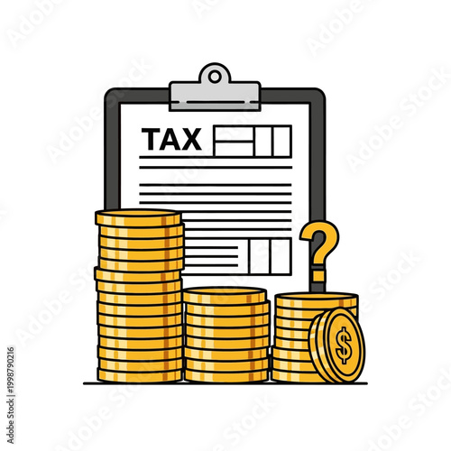 Tax Form with Stacks of Coins and Question Mark, Financial Planning Concept
