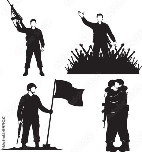 Revolution, protest, war, soldier silhouettes, black icons, vector graphics