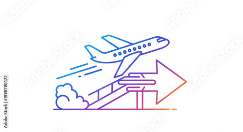 Airplane taking off from runway, upward arrow, travel concept, gradient colors