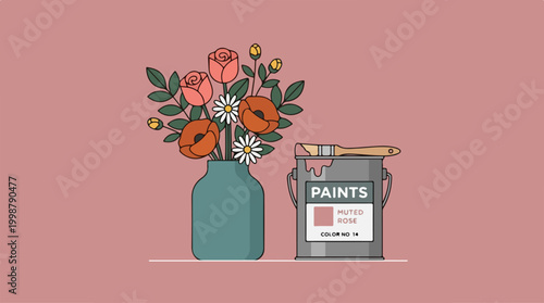 A colorful bouquet of flowers in a blue vase beside a metal paint can.