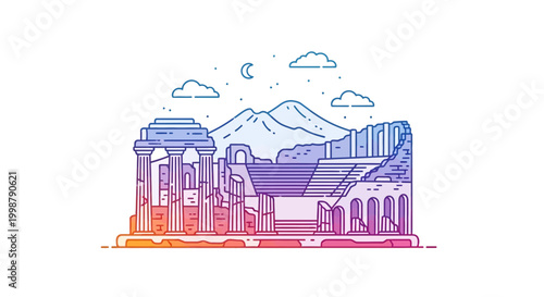 Ancient ruins of Pompeii with Mount Vesuvius in the background, stylized illustration