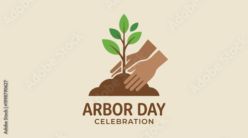 Arbor Day Celebration Logo Design Featuring Hands Planting A Young Sapling.
