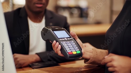 Customer making a contactless payment using smartphone at a coffee shop, close-up