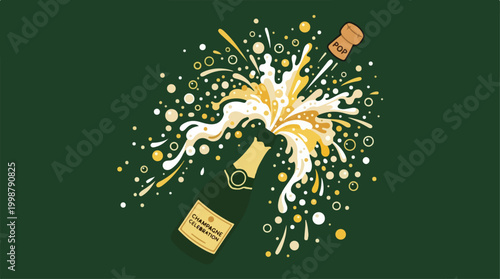 Champagne bottle popping with festive sparkling wine splash.