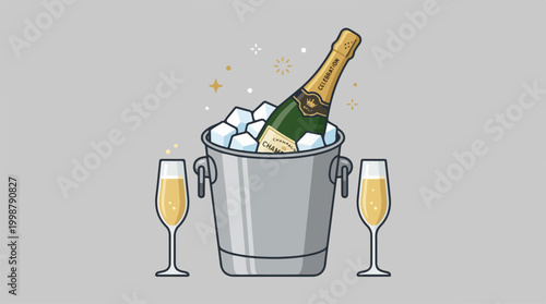 Champagne bottle in ice bucket with two glasses.