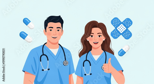 Medical professionals in uniform with stethoscope and medical supplies, representing healthcare and wellness services