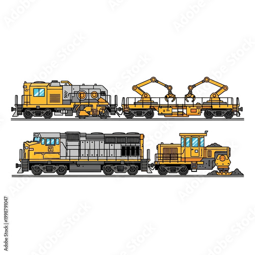 Set of Yellow Industrial Rail Vehicles and Machinery on White Background
