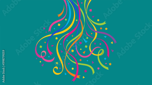 Colorful party streamers and confetti on a teal background.