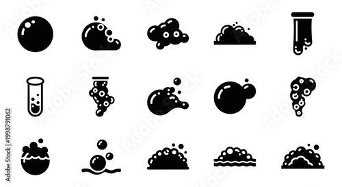 Black bubble, splash, foam, and chemistry icons, 16 vector graphics, for business, science, and design use