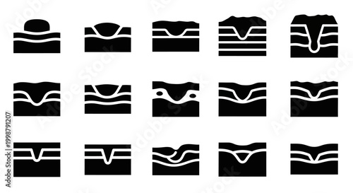 Black and white ECG, electrocardiogram, heartbeat, wave icons, 20 symbols