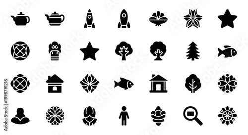 Black icons set, 25 silhouette symbols, winter holiday elements, decorative shapes