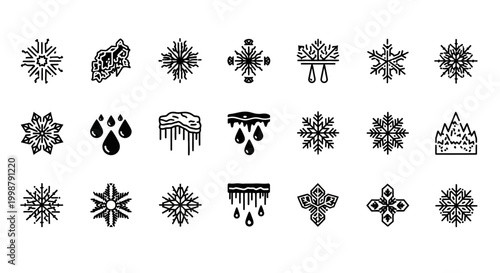 Black snowflake icons, winter symbol set, frosty design elements, 20 snowflakes