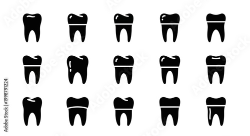 Black tooth icons, dental symbols, vector teeth graphics, oral care illustrations, 15 tooth shapes