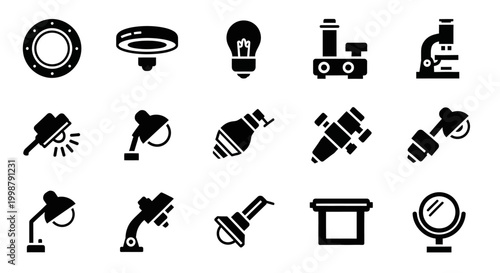 Black and white laboratory equipment icons, microscope, light bulb, science symbols, 15 vector graphics