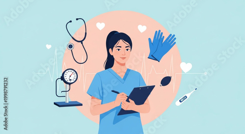 Dedicated female nurse in scrubs holding a clipboard, surrounded by medical equipment like a stethoscope, gloves, and thermometer. Illustrates professional healthcare and patient care