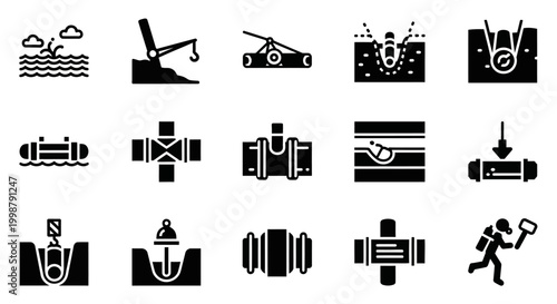 Industrial, Construction, Pipe, Fitting, Valve, Icon Set, 16 Black and White Symbols