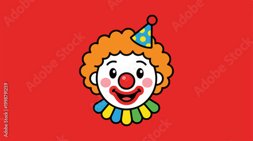 Cute cartoon clown face character with orange hair and colorful party hat.
