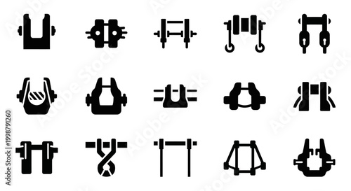 Gym icons, fitness symbols, workout graphics, exercise clip art, black silhouette vector set