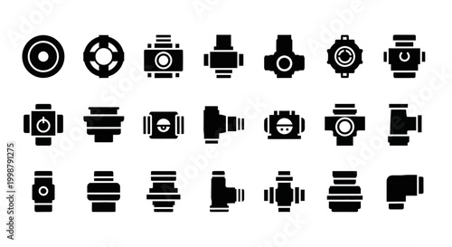 Camera lens icons, photography symbols, black vector set, 20 graphics