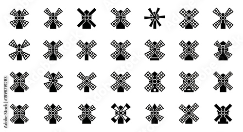 Windmill icons, black and white icons, wind turbine symbols, vector graphics, 25 icon set