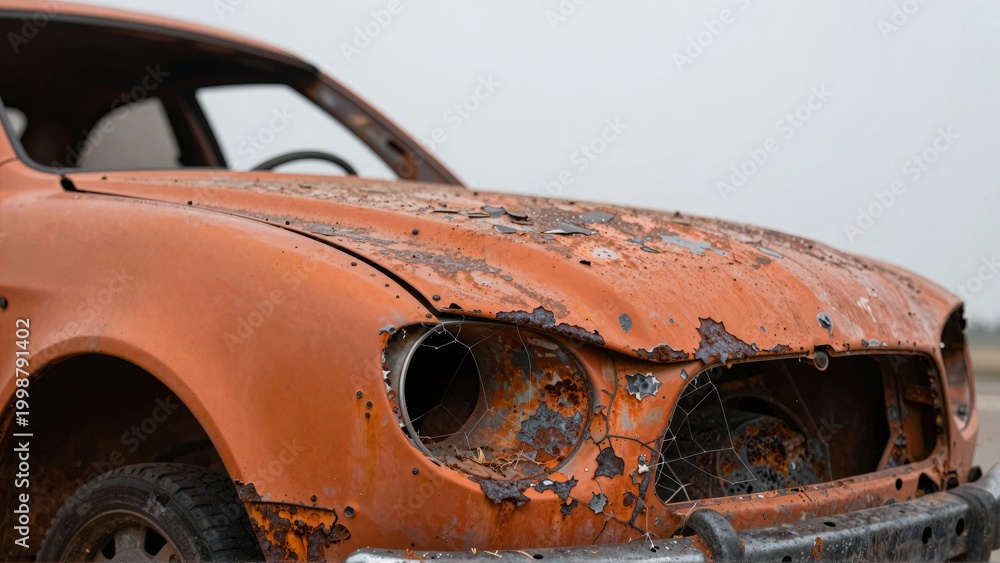 Fototapeta premium Abandoned Rusty Orange Vintage Car Closeup