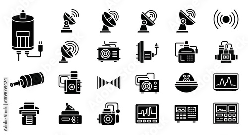 Black and white, satellite dish, communication icons, 20 symbols, vector graphics
