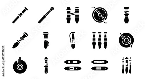 Black screw, bolt, nail, anchor icons set, 16 symbols, vector graphics