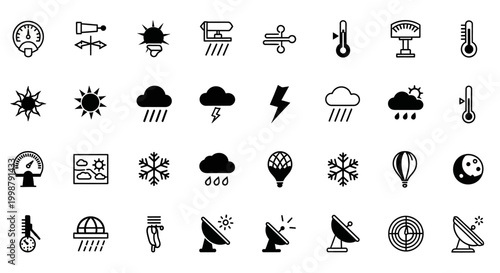 Weather forecast icons, climate symbols, meteorology signs, black vector graphics