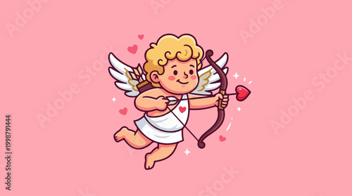 Cute Cupid character with bow and arrow on pink background.