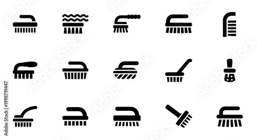 Black cleaning brush icons, cleaning tool set, brush tool vector, 16 brushes collection