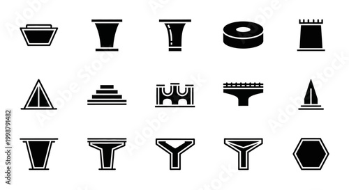 Column, Pillar, and Pedestal Icons, Black and White Vector Set of 16