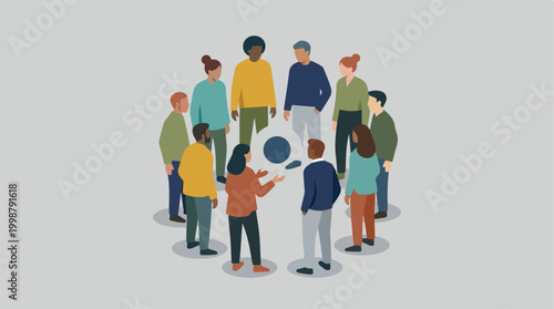 Diverse Group of People Standing in a Circle Around a Central Target Symbol.