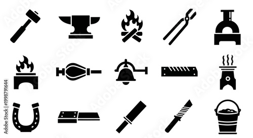 Blacksmithing tools, black icons, 16 silhouette symbols, vector graphics, industrial equipment, metalworking instruments