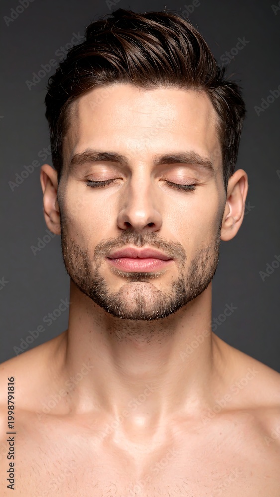 Obraz premium Portrait of a man with closed eyes against a plain gray background. His skin is fair, and he has a short, trimmed beard and neatly styled hair
