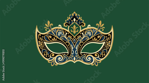 Elegant ornate venetian masquerade mask on dark green background.