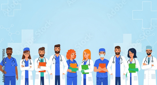 Diverse group of medical professionals standing together, embodying healthcare and teamwork