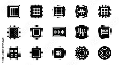 Microchip icons, circuit board symbols, electronic components, black and white graphics